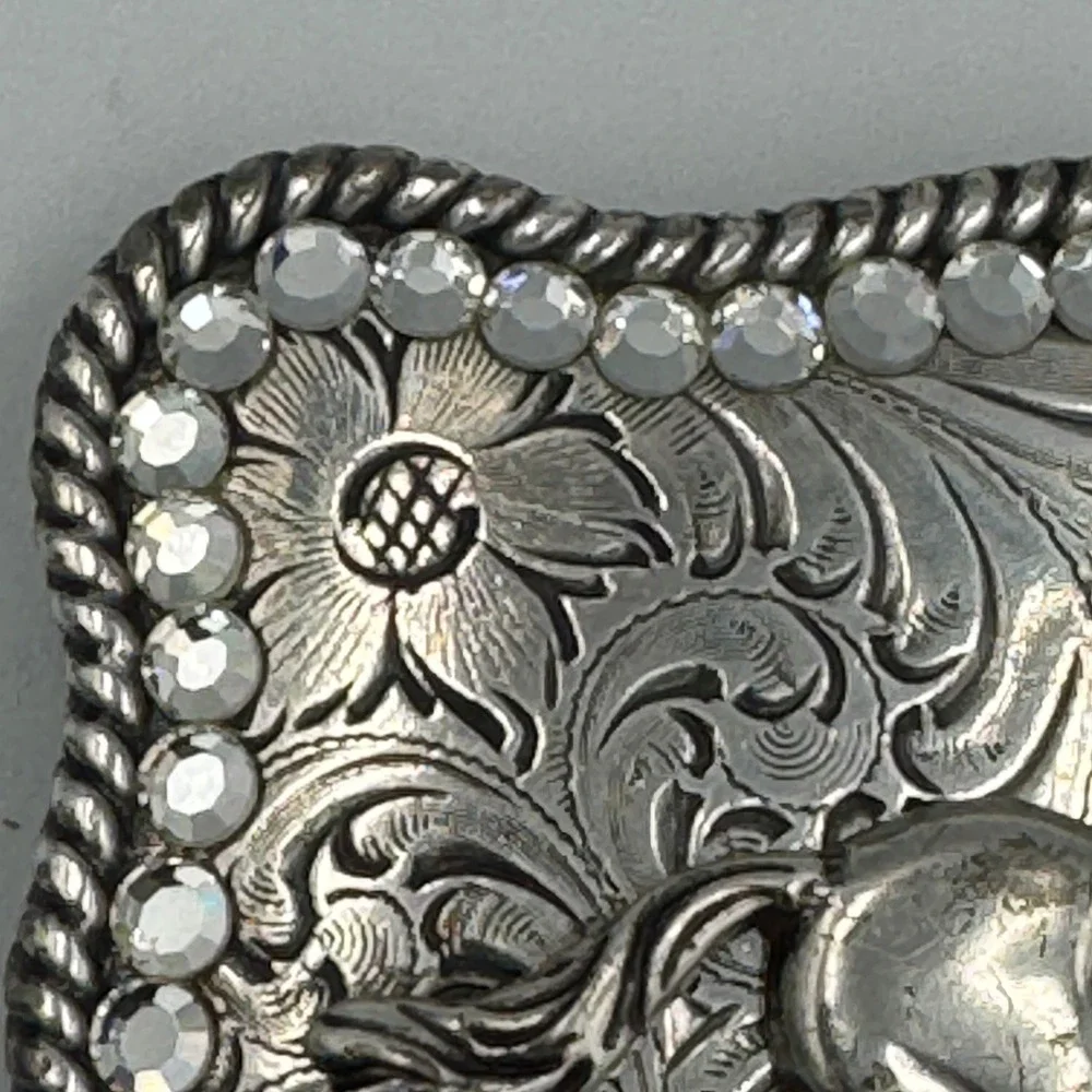 Western Horse Belt Buckle Silver Tone‎ Floral Engraved Rhinestone Border Rodeo